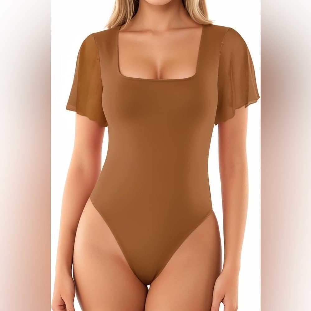 MangoPop‎ Womens Brown Square Neck Flutter Mesh Sleeve Bodysuit Size L NWT